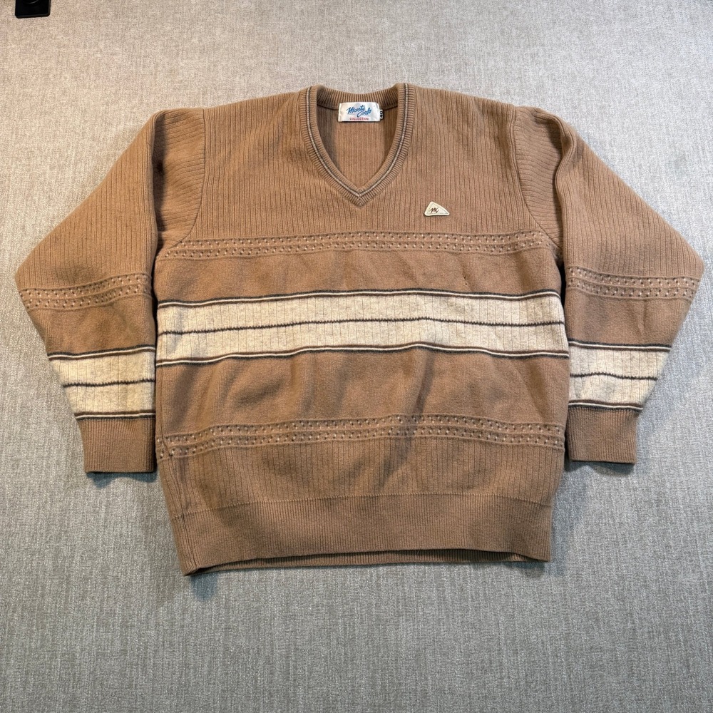 Vintage Monte Carlo Collection Lambswool V-Neck Sweater Tan Striped Mens 40